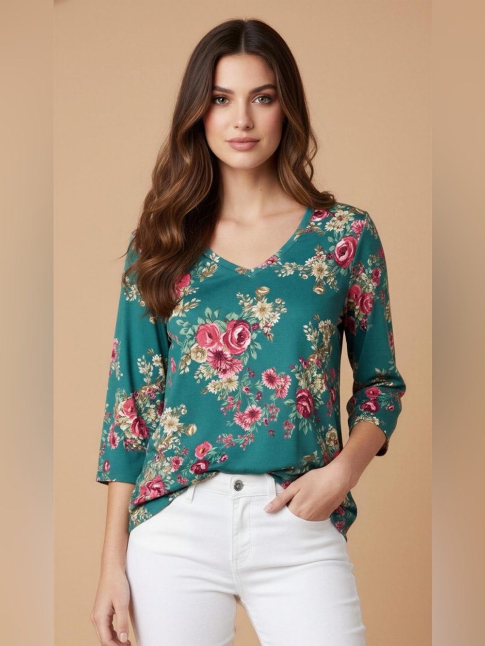 The Pioneer Woman Vibrant Green and Pink Floral 3/4 Sleeve V-Neck Soft Blouse